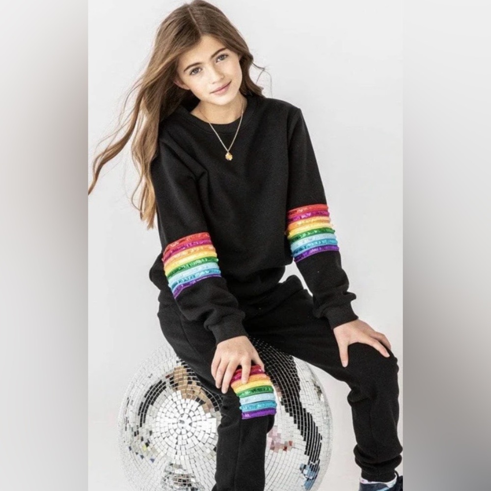 Lola + The Boys Black Sweatshirt with Rainbow Sleeves